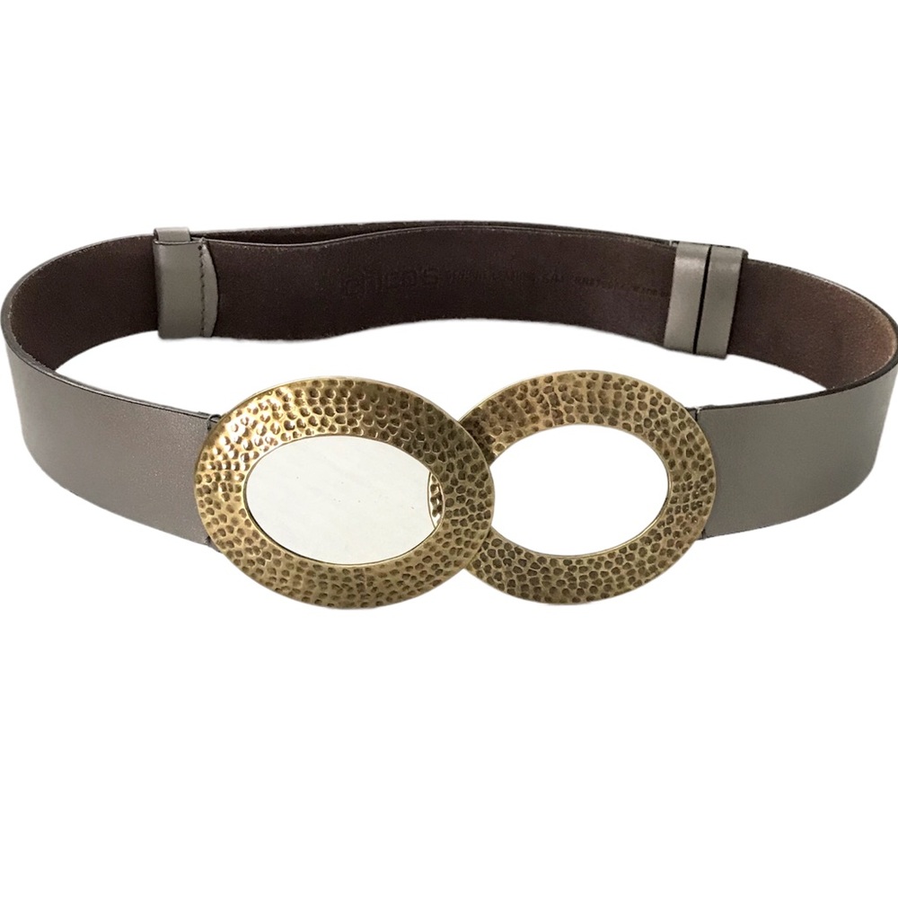 CHICOS Adjustable Belt Genuine Leather Taupe with Bronze Buckle 26-41 inches